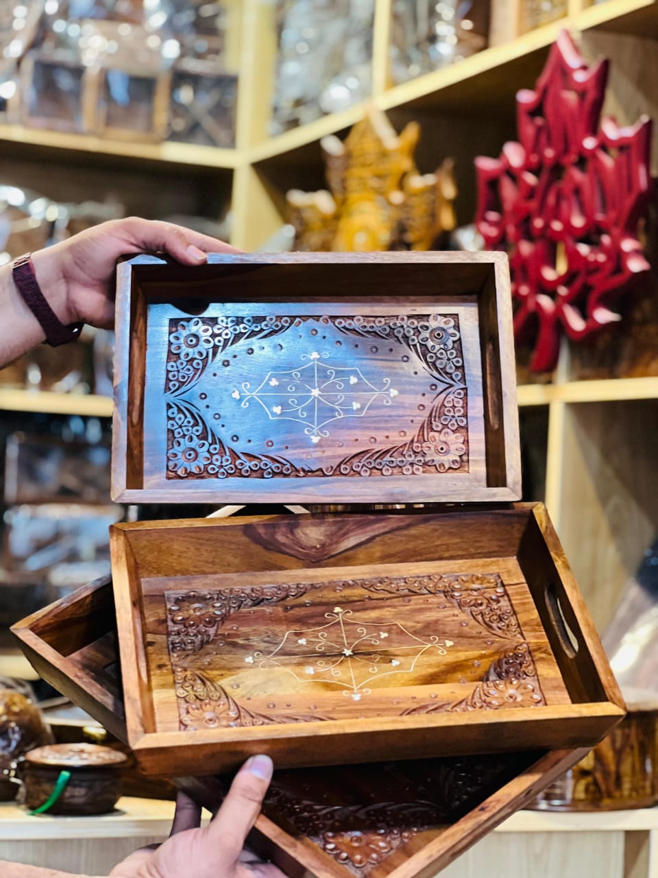Handmade Wooden Brass Tray set