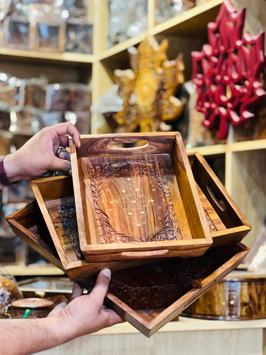 Handmade Wooden Brass Tray set