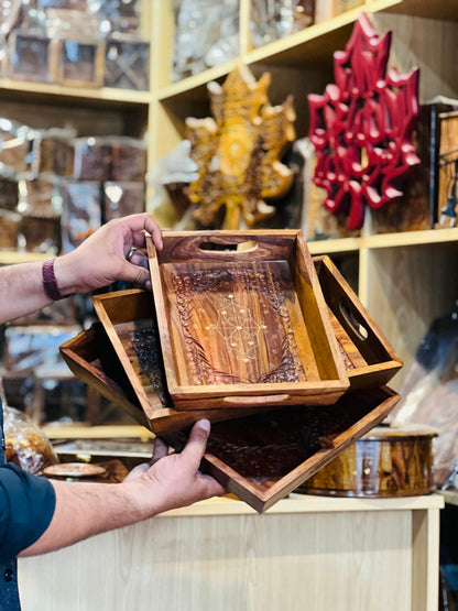 Handmade Wooden Brass Tray set