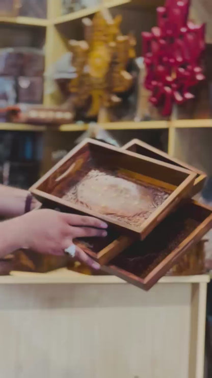 Handmade Wooden Brass Tray set