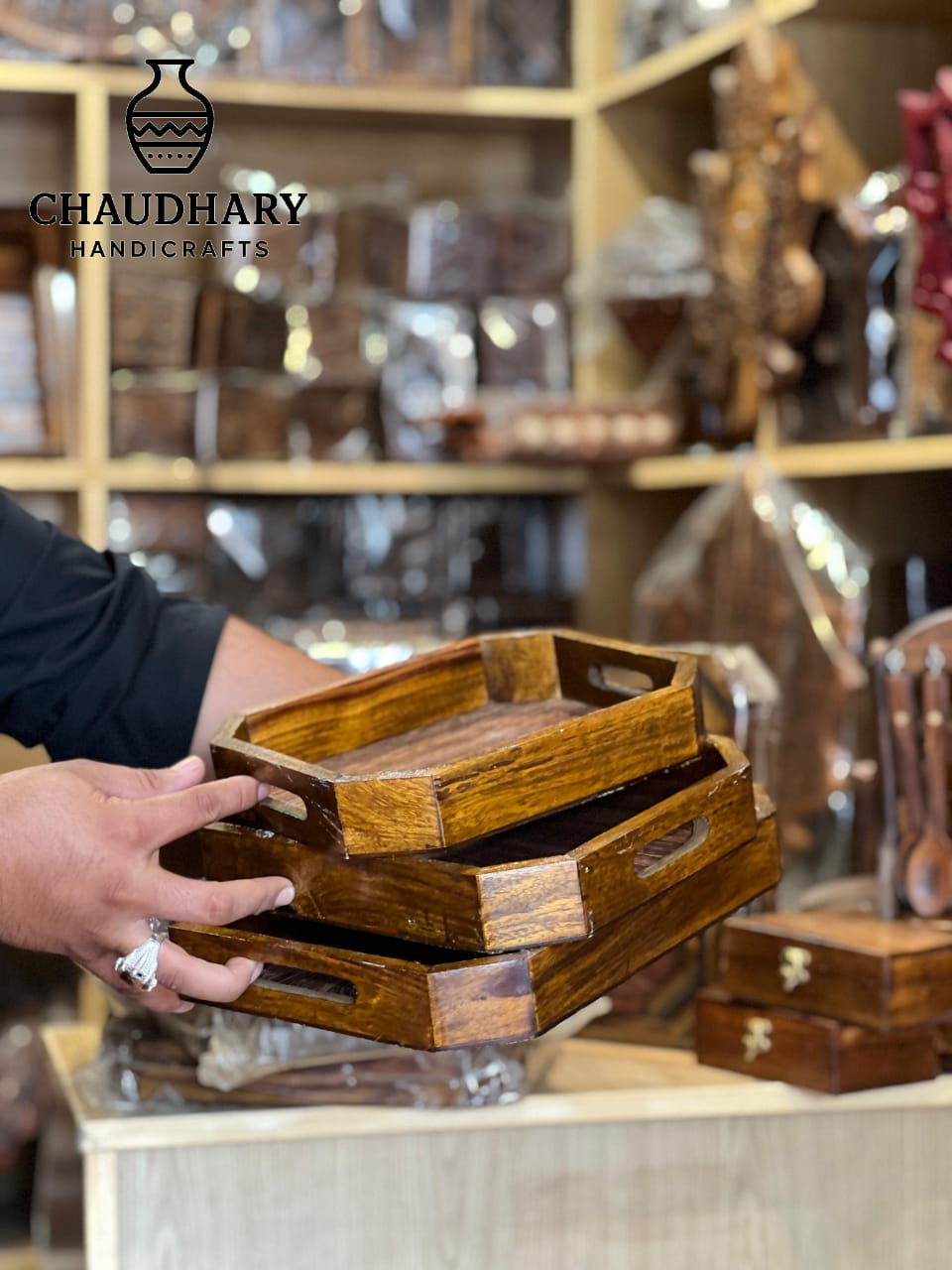Handcrafted Octagonal Wooden Serving Tray Set