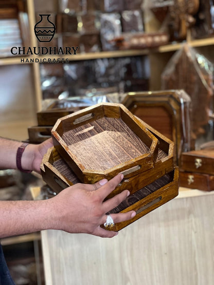 Handcrafted Octagonal Wooden Serving Tray Set