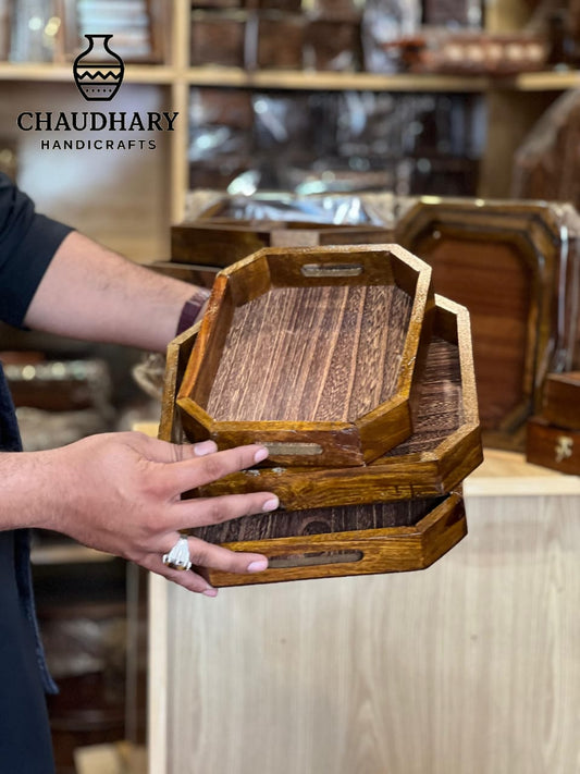 Handcrafted Octagonal Wooden Serving Tray Set
